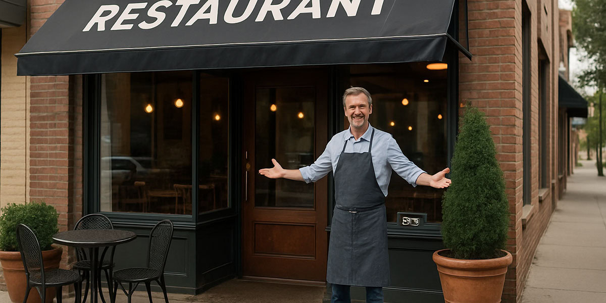 business owner in front of his restaurant, getting noticed