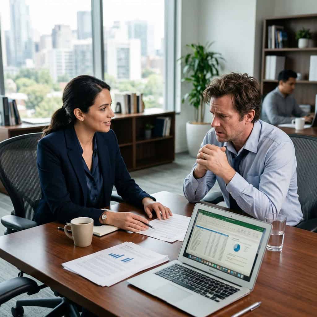 Marketing consultant working with stressed client copy | Solutionarian Marketing and Web Design